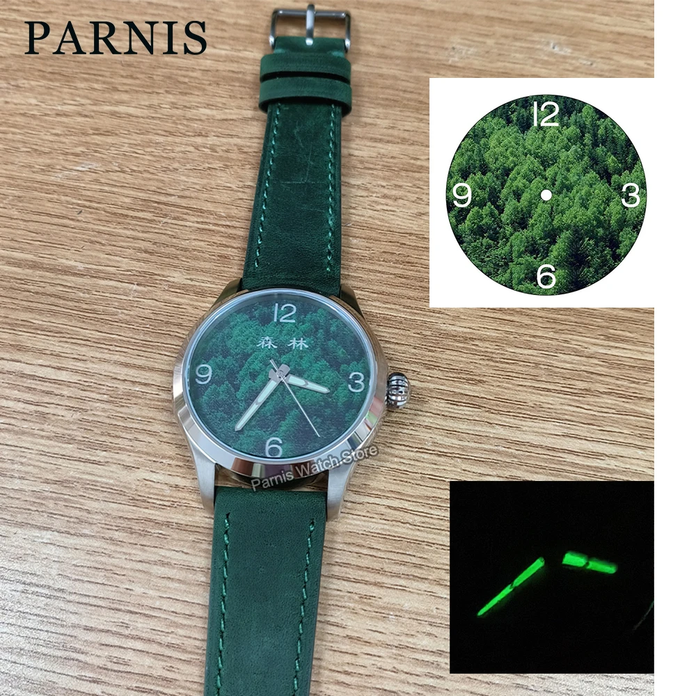 Parnis 42mm 21 Jewels Miyota 8N24 Automatic Movement Men\'s Casual Wristwatch Sapphire Crystal Forest Drawing Custom Made Dial