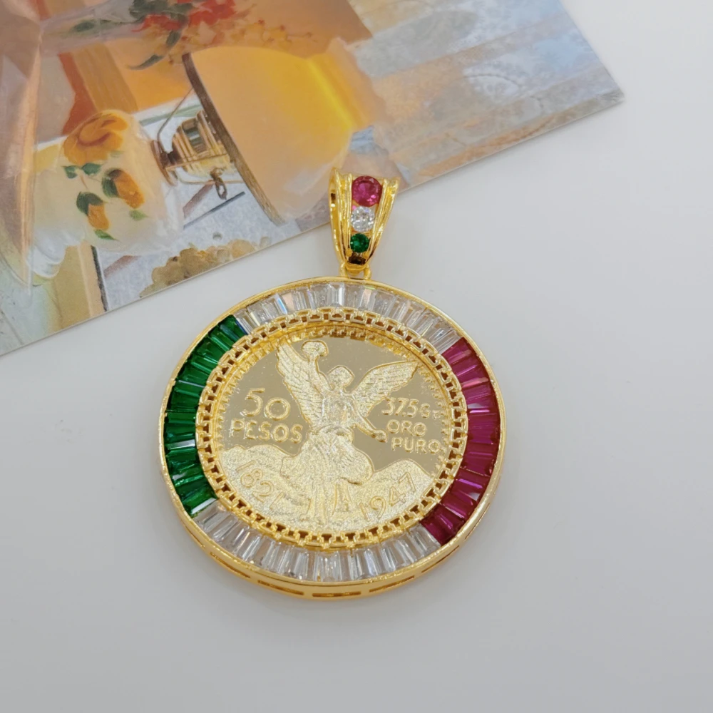 Stylish and Luxurious 14K Gold Plated Mexican Centenario Moneda 50 Peso CZ Pendant Medal Full of Love and Deep Space Beautiful S