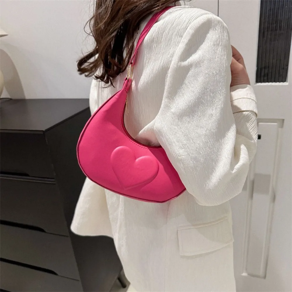 

Solid Color Crescent Moon Underarm Bag Korean Style Large Capacity PU Leather Shoulder Bag Love Heart Handbag Hobo Bag Women