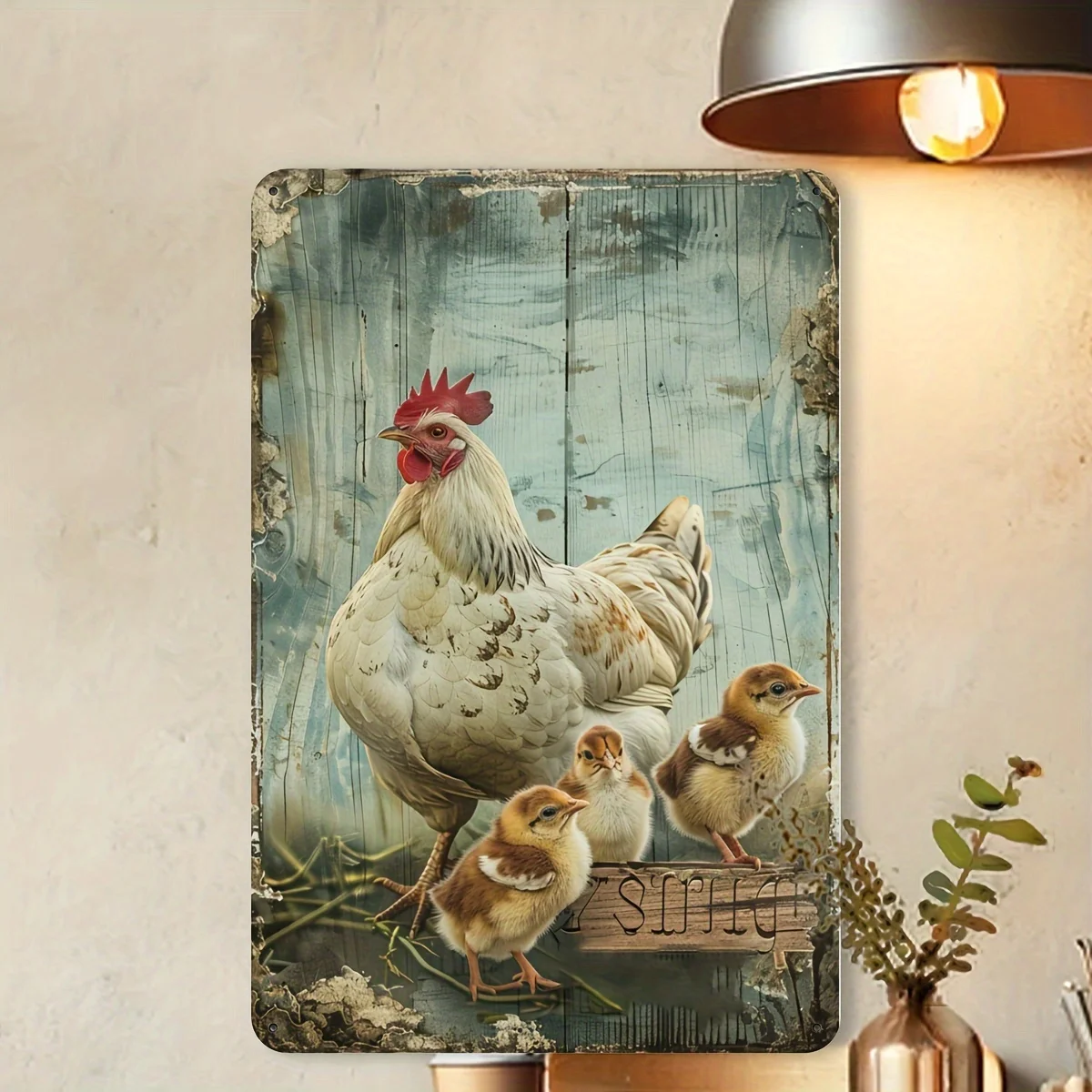 2D Flat, 8x12 Inch Rustic Rooster & Chicks Tin Sign - Vintage Farmhouse Wall Art With Aluminum Foil Carving, Durable Iron Metal