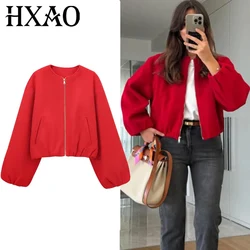 HXAO Women's Jackets Autumn Long Sleeve Short Solid Coats Faux Wool & Blends Coats Winter Woman Bomber Jackets Zip Up Outerwear