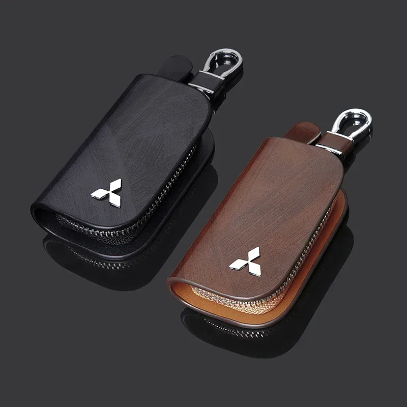 Leather Car Key Bag Vehicle Logo Keychain Case for Mitsubishi Outlander Lancer 9 10 ASX L200 Pajero Mirage Montero Eclipse