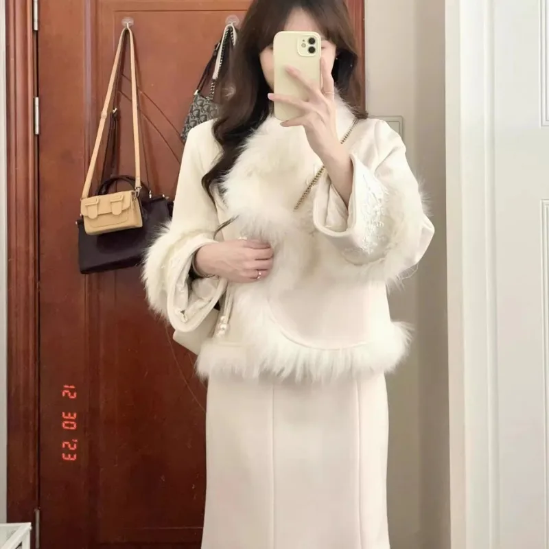 Winter Plus-Size New Chinese Style Wool Coat Classic Style Graceful Lady Suit Two-Piece Set for Women Female Office Lady Trendy