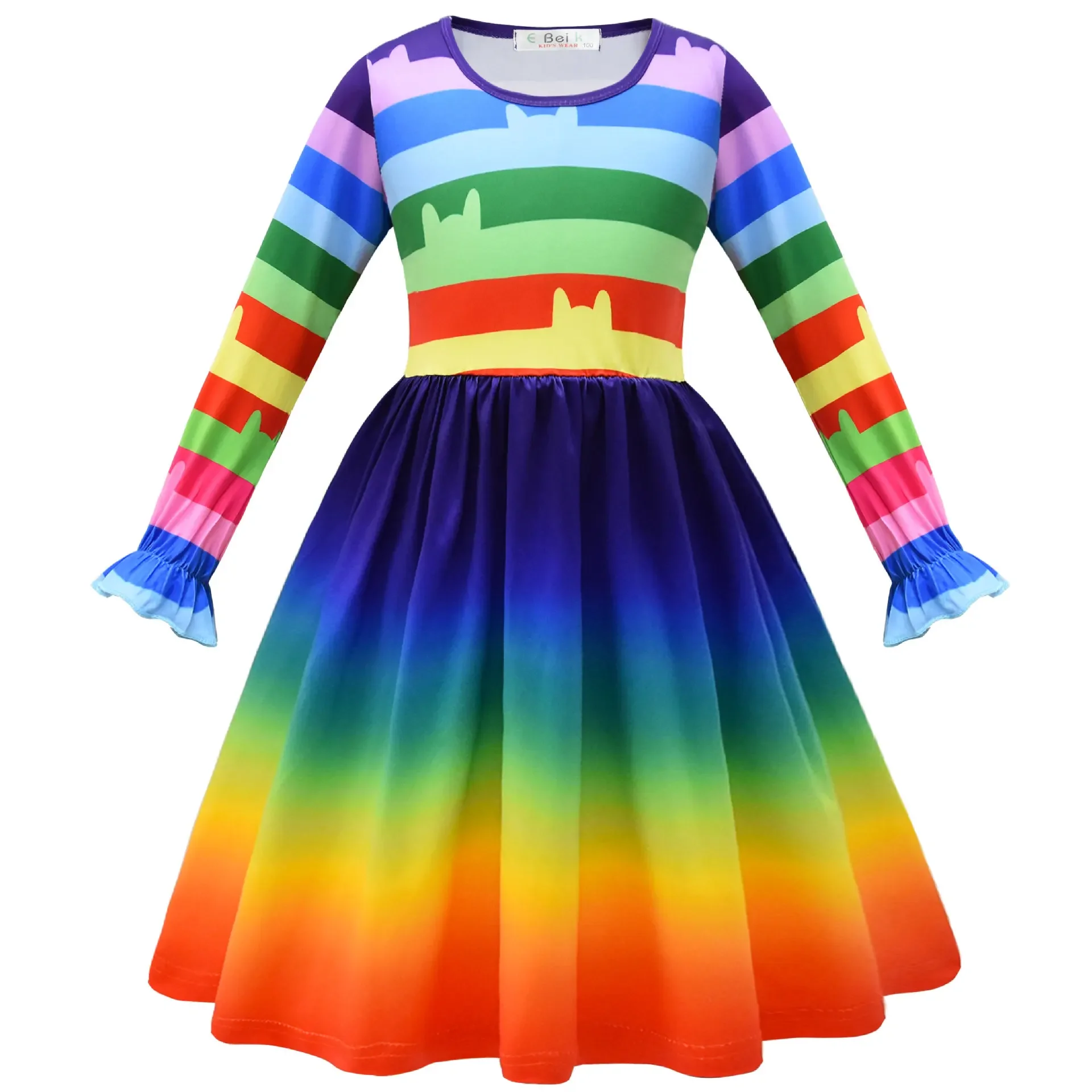 Kids Girls Anime Cartoon Gabby Princess Long Sleeves Rainbow Dress Outfit Christmas Role Play Halloween Cosplay Costume