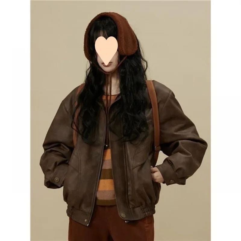 

2024 Autumn New Artistic Retro Collar Leather Jacket Women's Loose Casual Brown Motorcycle Coat