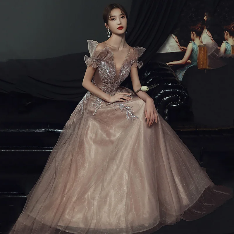 Evening Dress Female Autumn and Winter New Temperament Banquet Host Fairy Celebrity Slim Fit Dress Stage Competition Dress