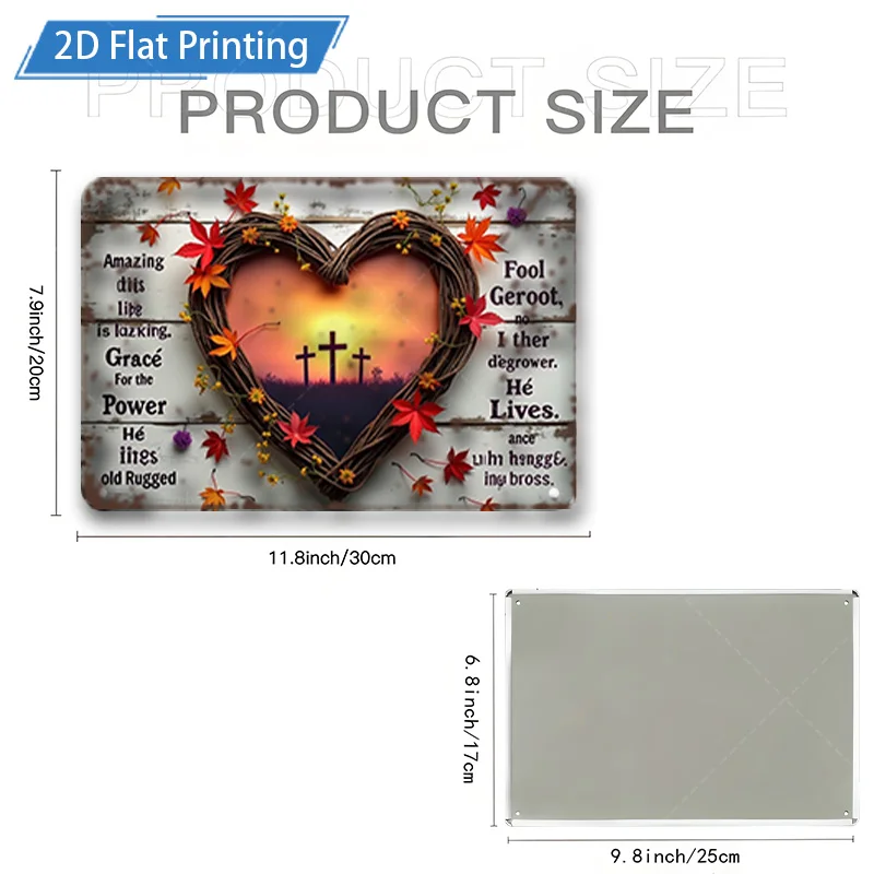[2D FLAT] 1 قطعة علامة معدنية ، 8x12 بوصة ريفي القلب الصليب علامة معدنية 2D الطباعة المسطحة المسيحية جدار ديكور فني لحديقة المنزل