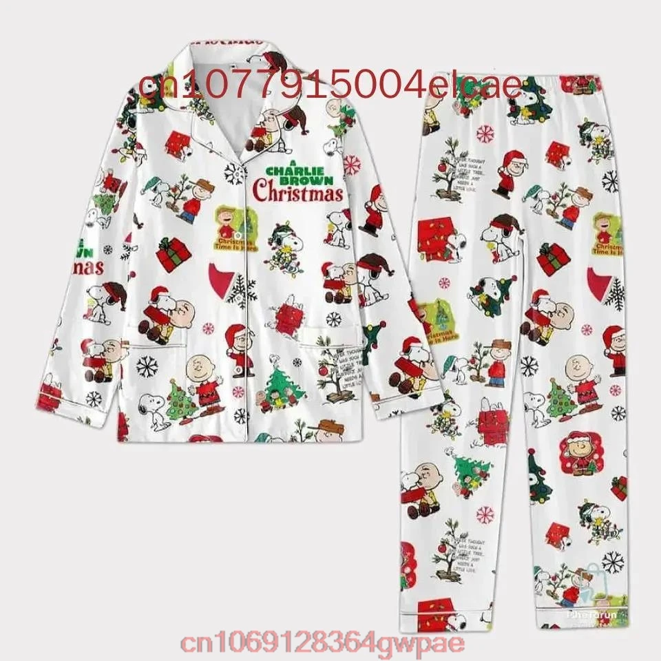 Cartoon Snoopy Christmas Pajama Set Disney Casual Men\'s and Women\'s Long Sleeve Shirt Pajama Set