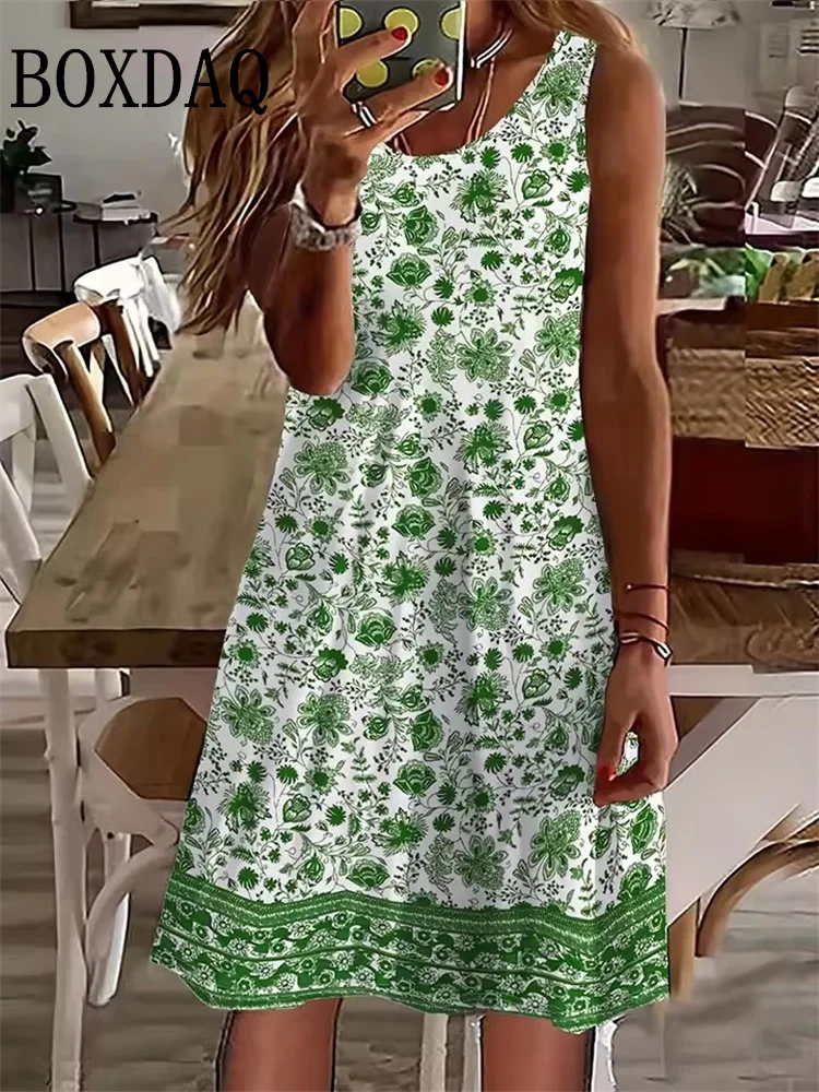 2025 Women's Casual Sleeveless Dresses Summer Beach Style Short Dresses Flowers Printed Loose Vest Dresses Women's Sundress