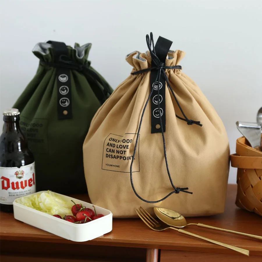 

Drawstring Insulated Canvas Lunch Bag Aluminium Foil Thermal Food Bento Box Tote Folding Cooler Handbags for Picnic Work School