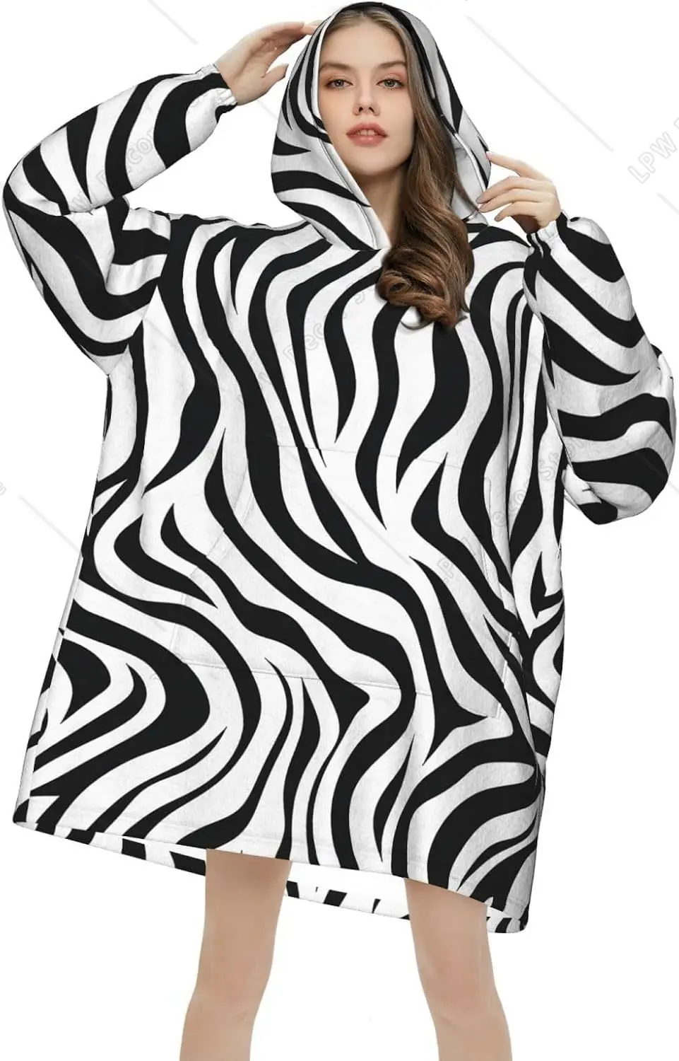 Black White Zebra Print Wearable Blanket Hoodie Abstract Texture Oversized Sweatshirt Blanket Cozy Warm Sherpa Hooded Blanket