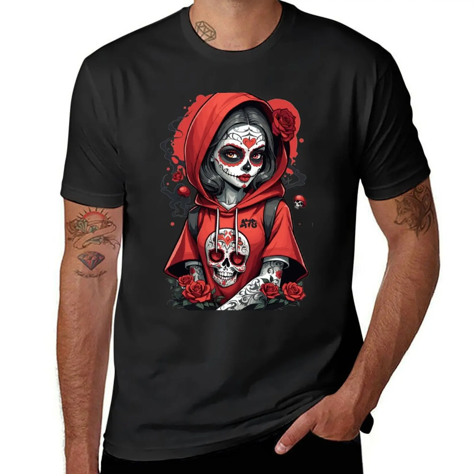 

Hooded Sugar Skull Girl with Roses T-Shirt sports fans oversizeds shirts graphic tees cute clothes Men's cotton t-shirt