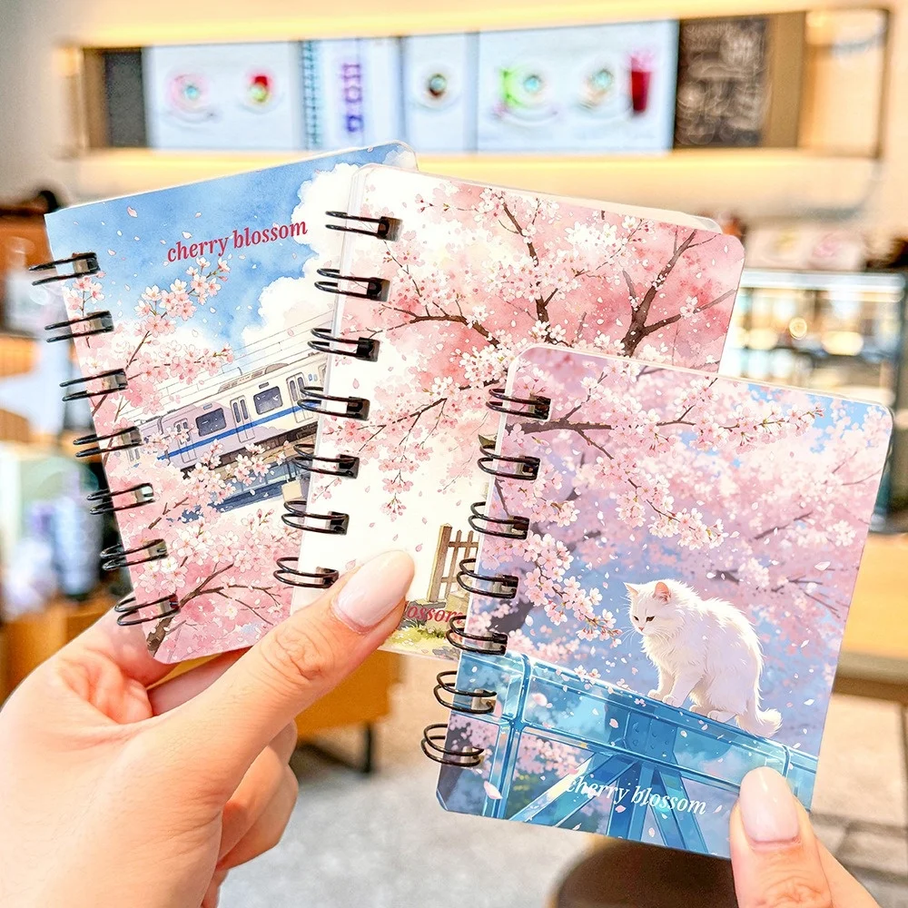 4pcs A7 Cherry Blossom Spiral Notebook Mini Portable for Students Artistic Blank Stationery Learning Gift