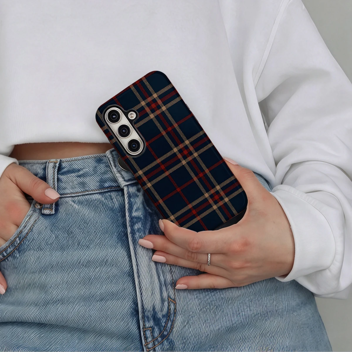 Navy Red Cream Plaid Phone Case For Samsung Galaxy S26 S25 Ultra S24 S23 Plus Hard Shock‑Absorption 2-in-1Protective Cover