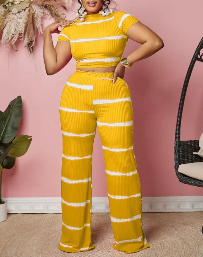 New Fashion 2023 Summer Casual Womens Two Piece Sets Outfit Tie Dye Print Ribbed Top & Wide Leg Pants Set Female Clothing