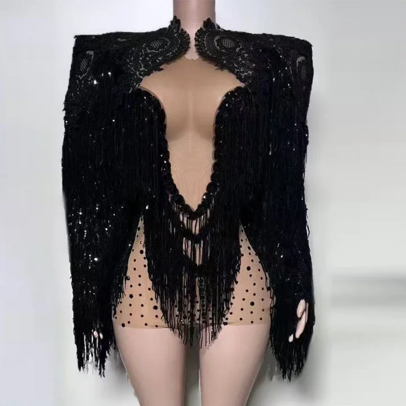 

Women Singer Jazz Dance Costume Black Sequins Fringed Party Dress Festival Outfit Bar Nightclub DJ Pole Dance Clothing