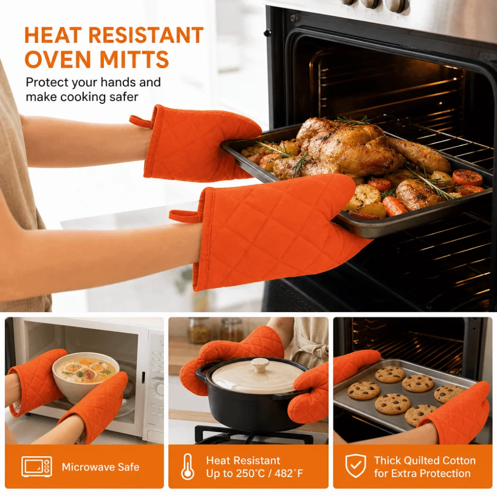 Quilted Cotton Oven Mitts Non-Slip Anti-Scalding Microwave Oven Gloves Heat Resistant Hanging BBQ Baking Gloves Kitchen Cooking