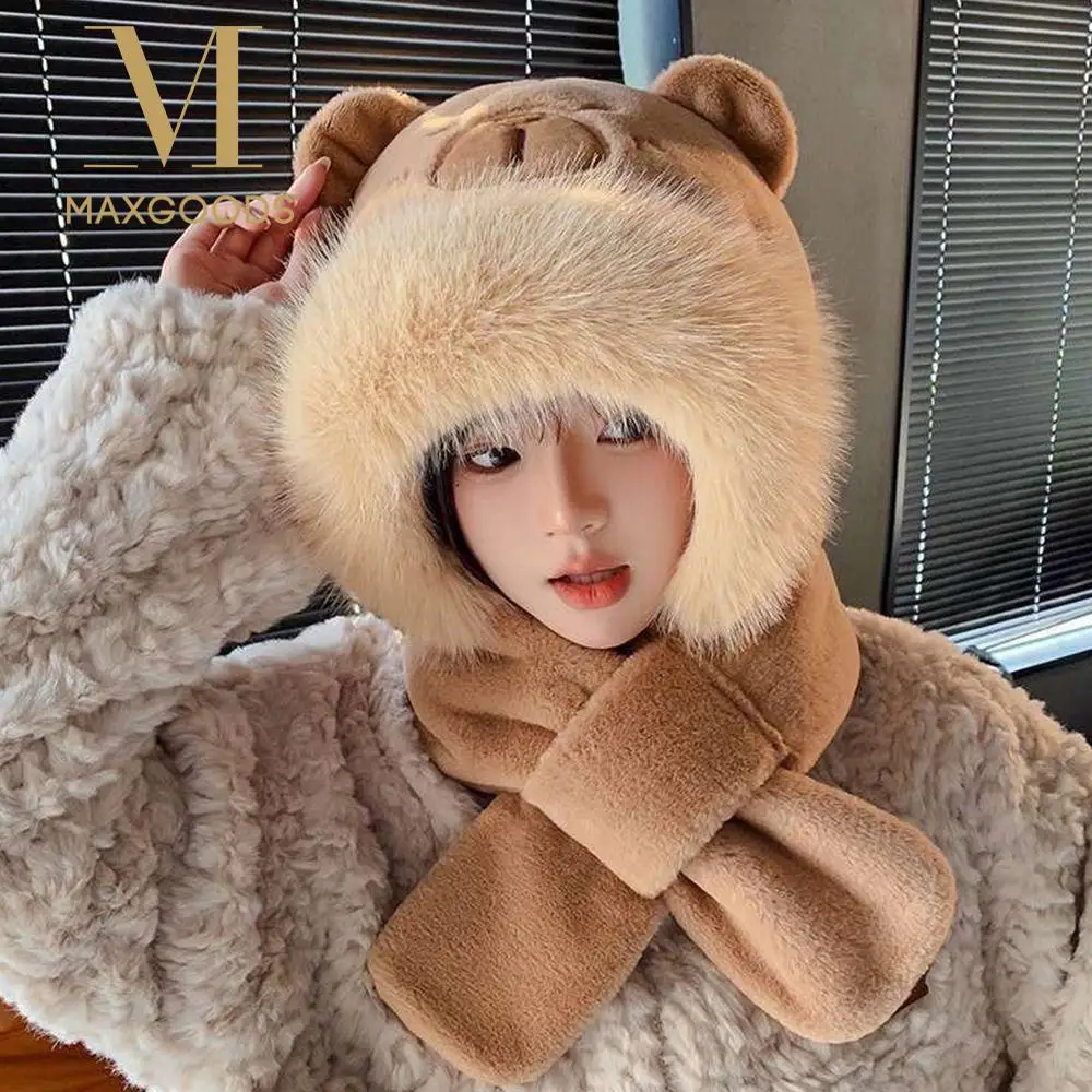 Set topi dan syal musim dingin berbahan plush, anti-angin, hangat, pelindung telinga, lembut, kasual, cocok untuk bersepeda