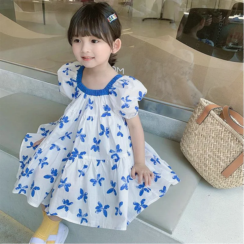 Children Summer Cute Dresses Girls Print Floral Vestidos Baby Casual Short Sleeves Dress 2024 New Kids Puff Sleeve Clothing