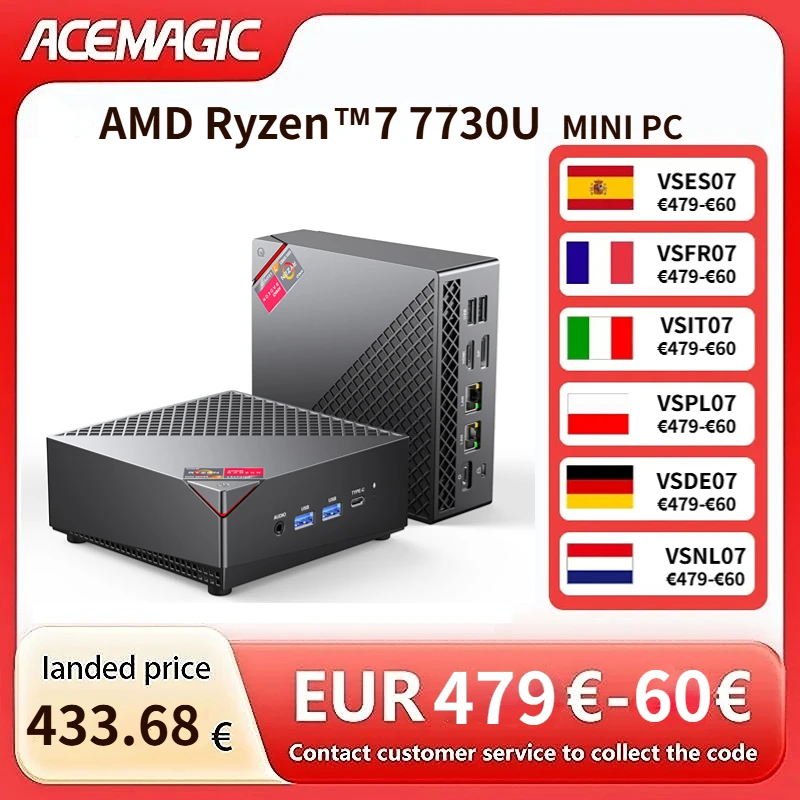 ACEMAGICミニPC 16GB RAM 512GB SSD AMD Ryzen 7 7730U トリプル4Kモニター HDMI DP Type-C、デュアルM.2スロット搭載 ホームオフィスデスクトップPC