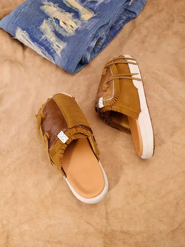 VISVIM sandal elastis bisa disesuaikan, sandal bulu kuda warna coklat dengan rumbai dalam untuk musim panas