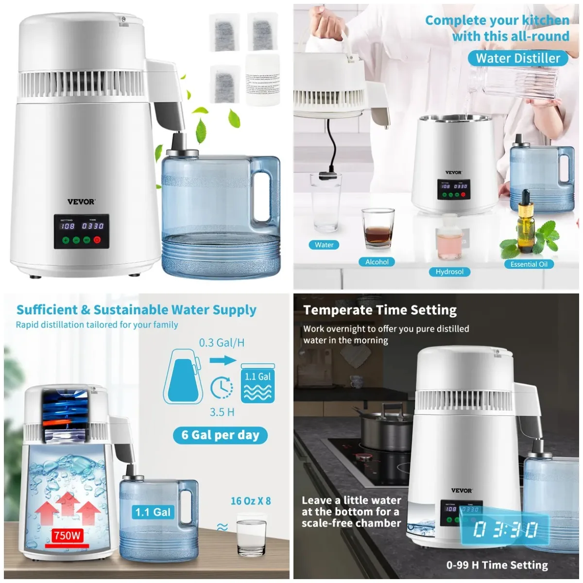 

1.1Gal Water Distiller, 0.3Gal/H, 750W, Stainless Steel, Timer & Temp Display, 3 Carbon Filters, White