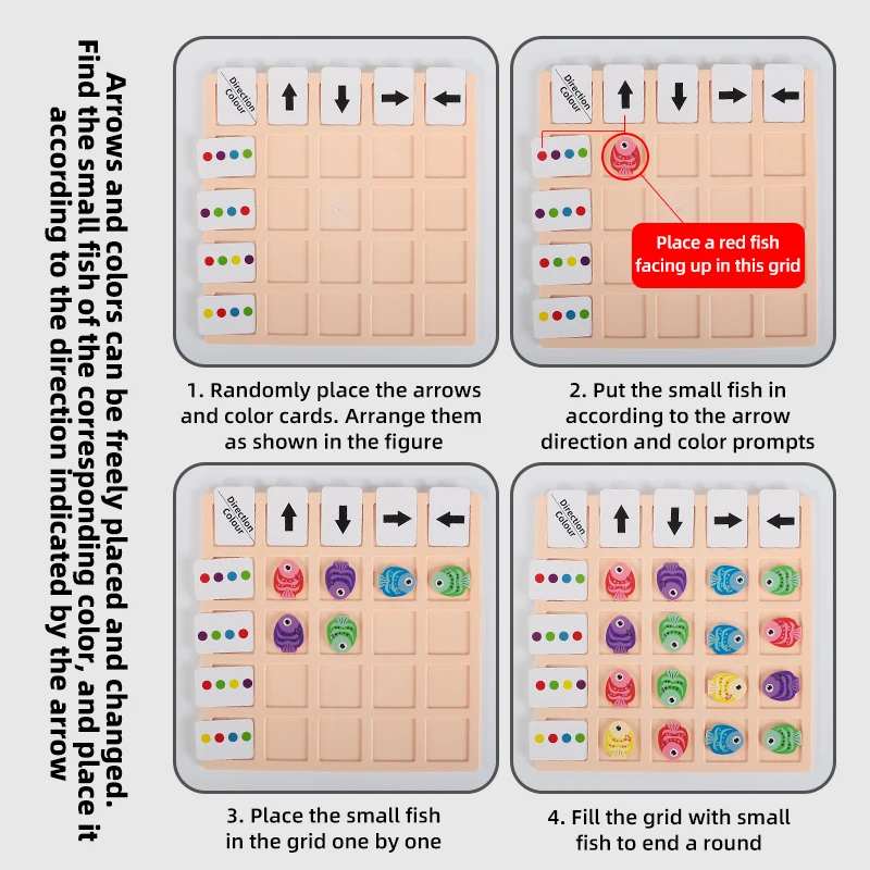 Little Fish Direction-Finding Board Game, a Base, 20 Small Fish and Multiple Color Recognition Cards, an Animal-Themed Toy Suitable for Color Recognition, Logical Thinking Training, and Parent-Child Interaction