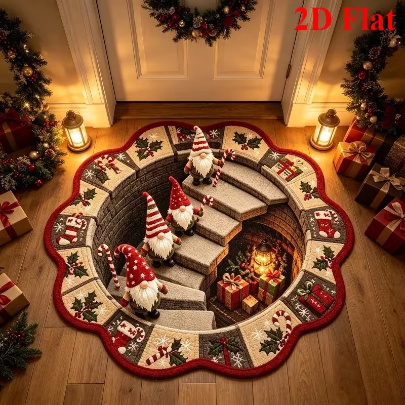 VIKAMA Wreath Gnome Tomte Lantern Holly Round Rug Soft Flannel Non-Slip Bedroom Bedside Living Room Christmas Carpet Cozy Home