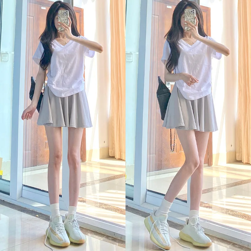 กระโปรงพลีทสีขาวโดปามีน ผู้หญิง ฤดูร้อนใหม่ เอวสูง กระชับสัดส่วน นักเรียน ผ้าไหมน้ำแข็ง JK กันแสง กระโปรงครึ่งท่อน