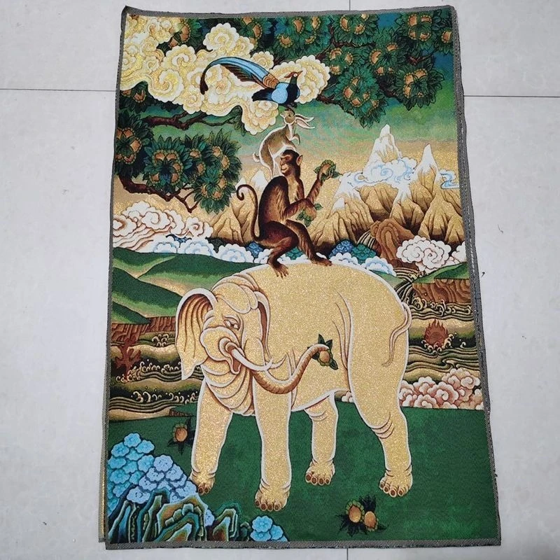 Tibet Tibetan Cloth Silk Auspicious beasts: elephant, monkey, rabbit, bird Thangka Tangka Embroidery Painting