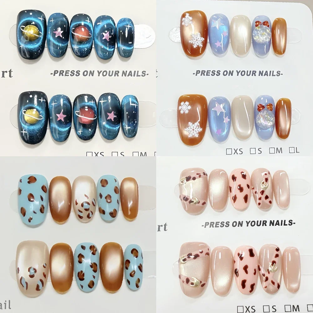

Kawaii Cat Eyes Leopard Print Handmade Ellipse Press On Nail Starry Sky Snowflake Rhinestone Stars Flower Full Cover Fake Nails