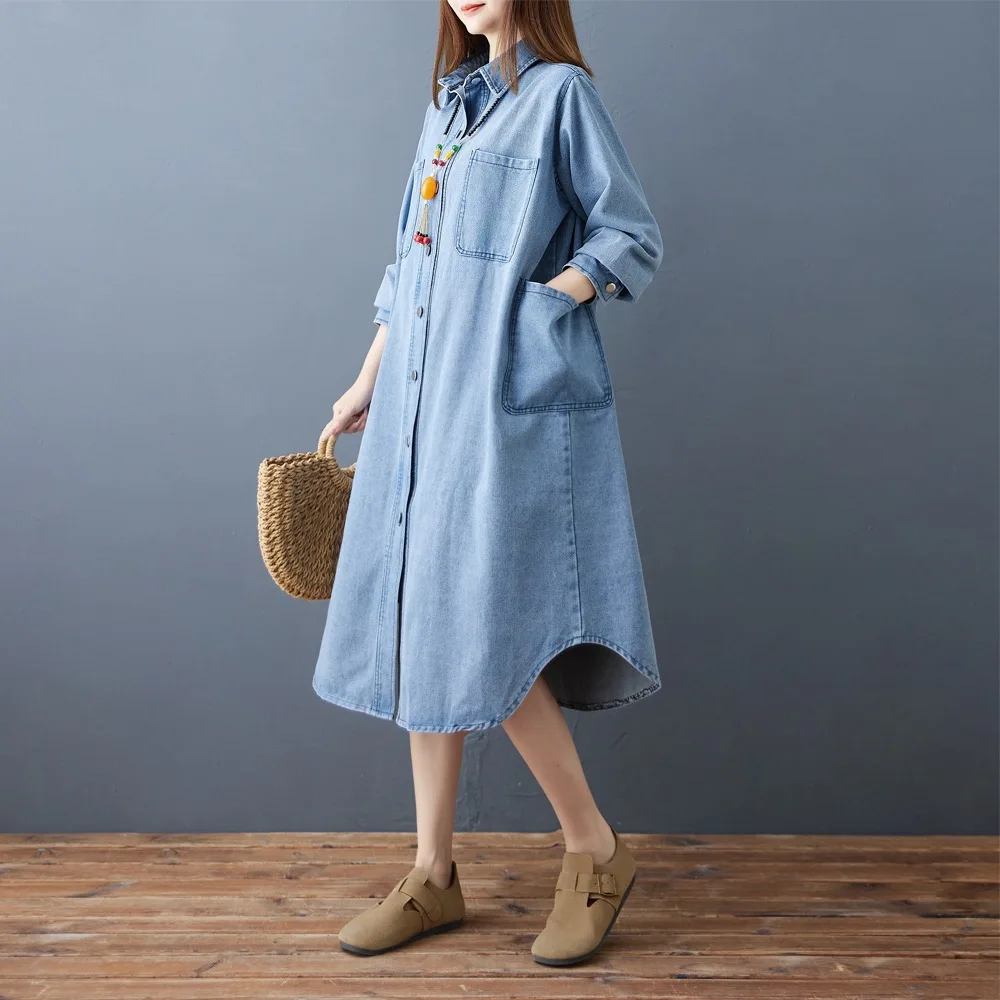 Lose Retro Langarm Denim Kleider frauen Herbst Drehen Unten Kragen Einreiher Hemd Kleid Weibliche Casual Mid-Länge kleid