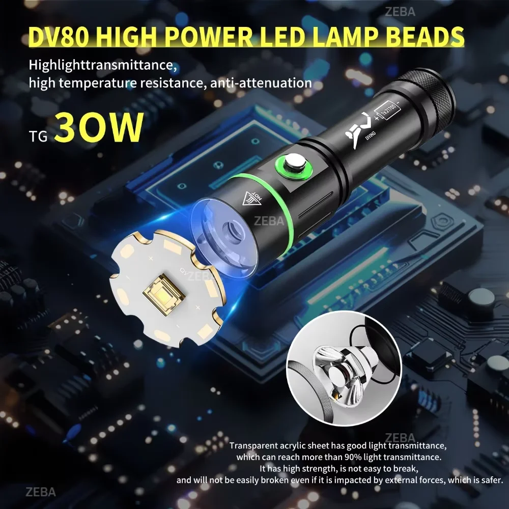 Professional Diving P70 3000LM LED Scuba Diving Flashlight Super Bright IPX8 Waterproof Torch Underwater 200M Spearfishing Flash