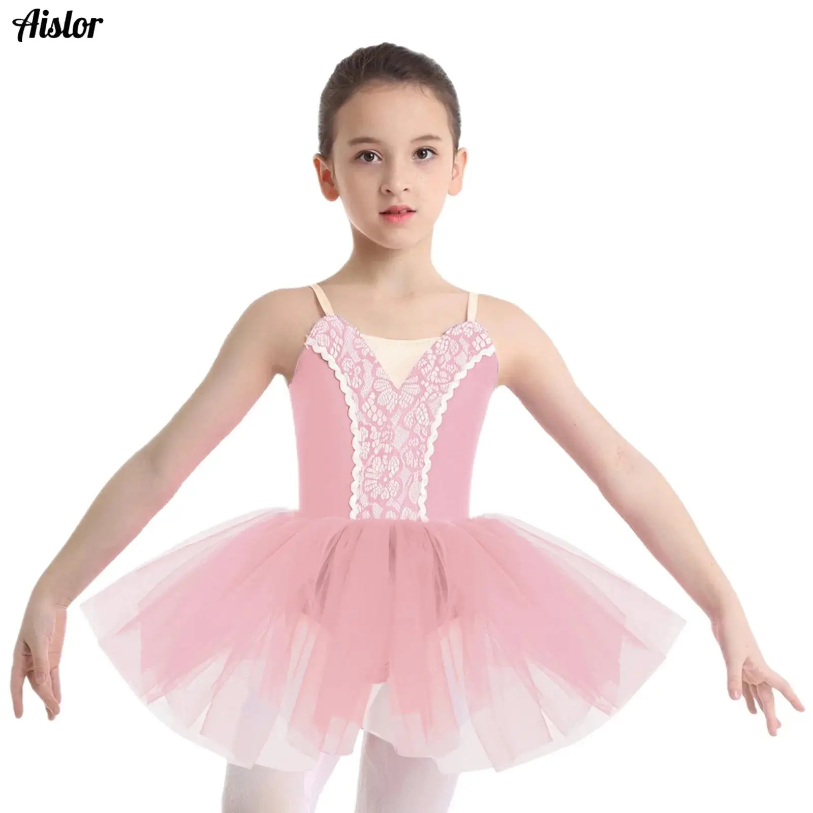 

Kids Girls Professional Ballet Tutu Dress Sleeveless Adjustable Spaghetti Straps Front Lace Splice Dance Leotard Dress Dancewear
