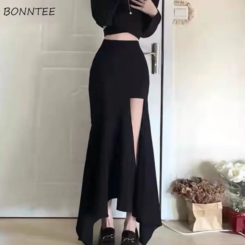 

Black Irregular Skirts Women Sexy Slim Fashion Ankle-length Temperament High Waist Mature New Arrivals A-line Korean Style Chic