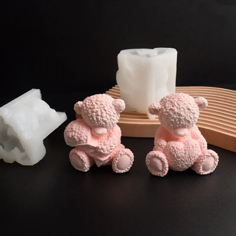 3D Teddy Bear Silicone Molds for Candle Romantic Heart Soap Making Hold Flower Animal Gypsum Moulds Gift for Mom Wedding Decor