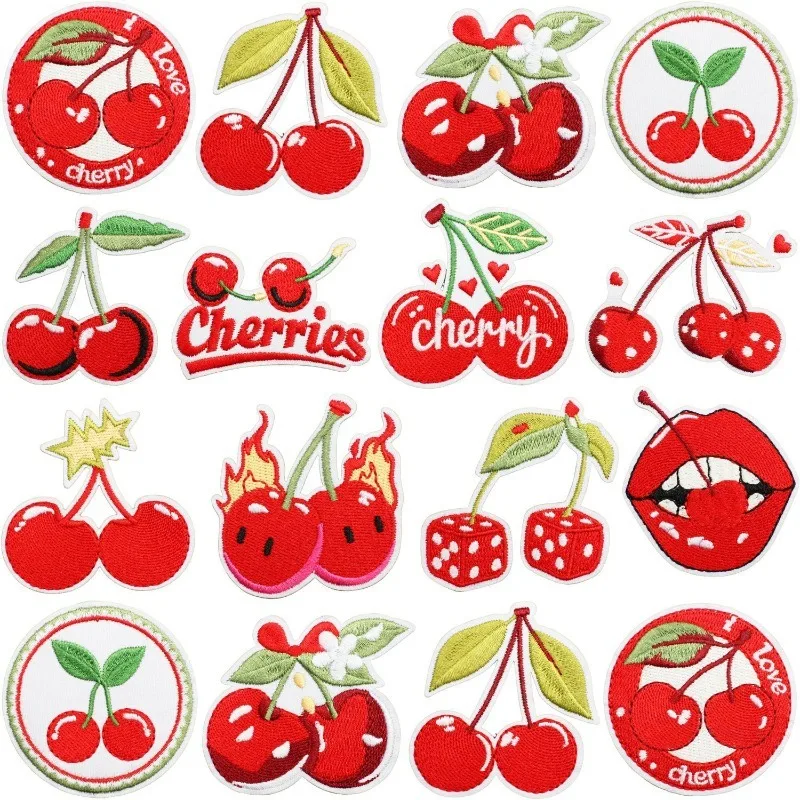 Cute Red Fruit Cherry Mouth Iron-On Embroidered Badge Patches for DIY Hole T-shirt Backpack Clothing Jeans Appliques Sticker