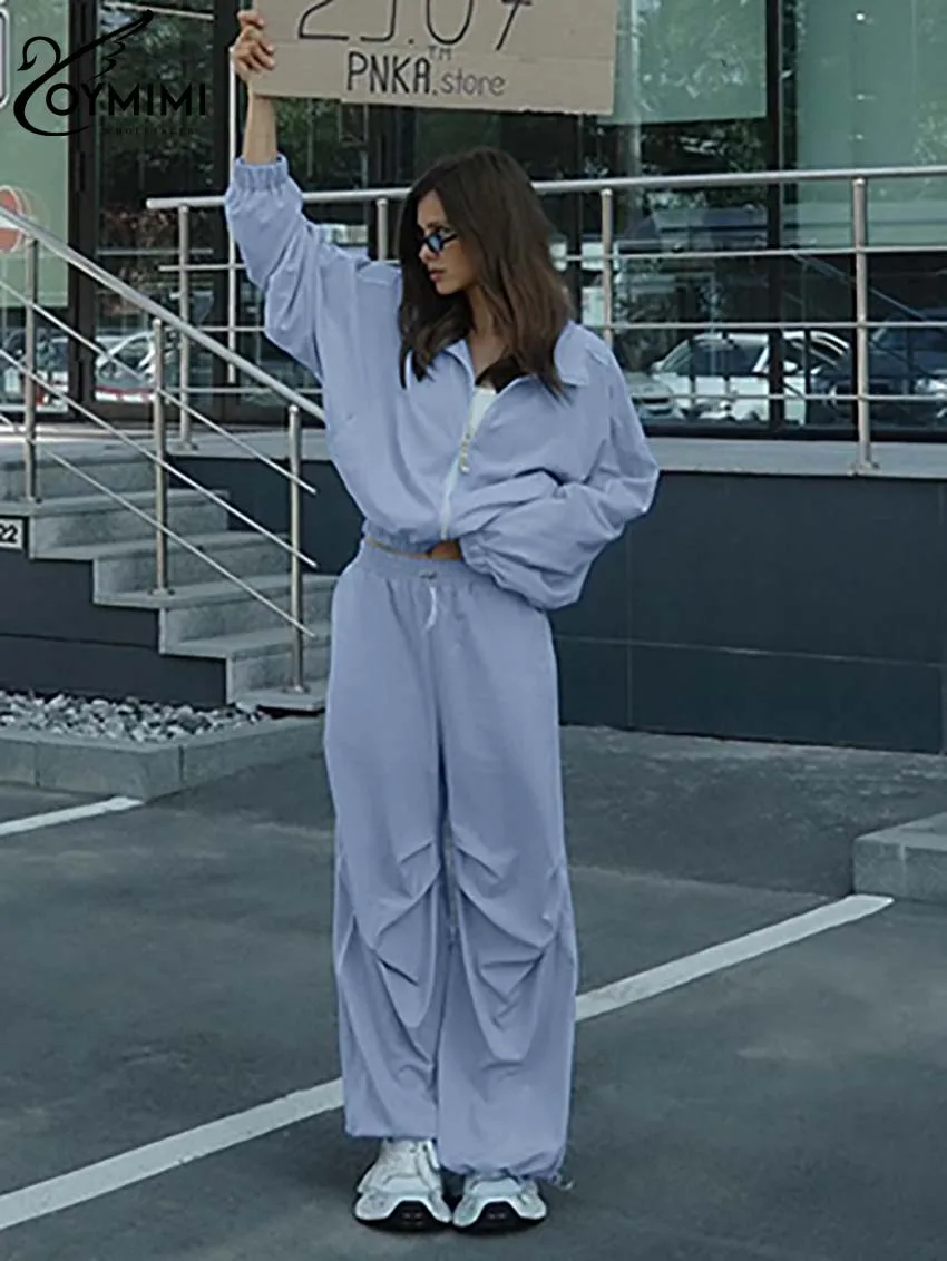 

Oymimi Casual Blue Two Piece Set For Women Fashion Long Sleeve Zipper Shirts + Drawstring Straight Full Length Pants Female Sets