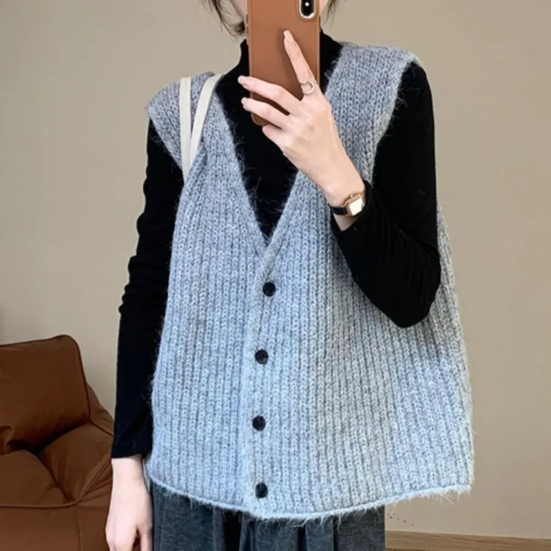 Korean Style Sweater Vest for Women Minimalist Single Breasted All-match Ins College V-neck Autumn Winter Chic Girls