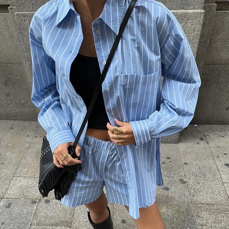 2024 Cross-border Fashion Blue Stripe Lapel Loose Long Sleeve Shirt Street Fashion Casual Mid-waist Shorts Set