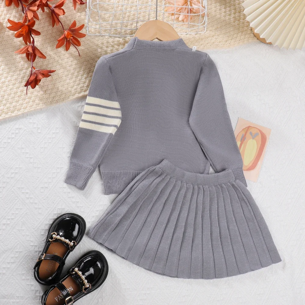 Grey Bear Printed Pocket Cardigan+solid Color Pleated Skirt 2-piece Sets for Winter Korean Version Simple Kids Clothes Girls