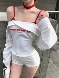 Autumn Streetwear Off-shoulder Letter Embroidery Sexy White Shirt Women + Casual Plaid Camisole Hot Girls Two Piece Set 2024 New