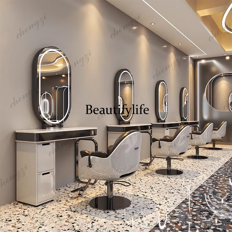 High-end barber shop hair cutting, perming and dyeing mirror table floor with cabinet, hair salon special mirror single