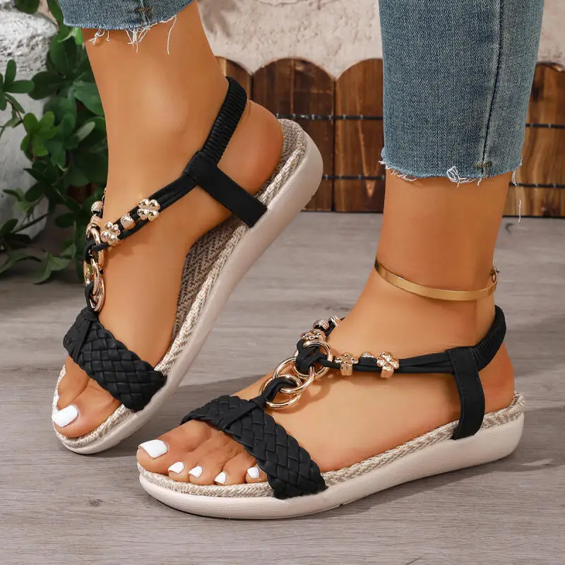 

Bohemian Metal Decoration Entwined Weaving Strap Sandals Women Summer 2026 Soft Thick Bottom T Strap Sandals Woman Casual Shoes