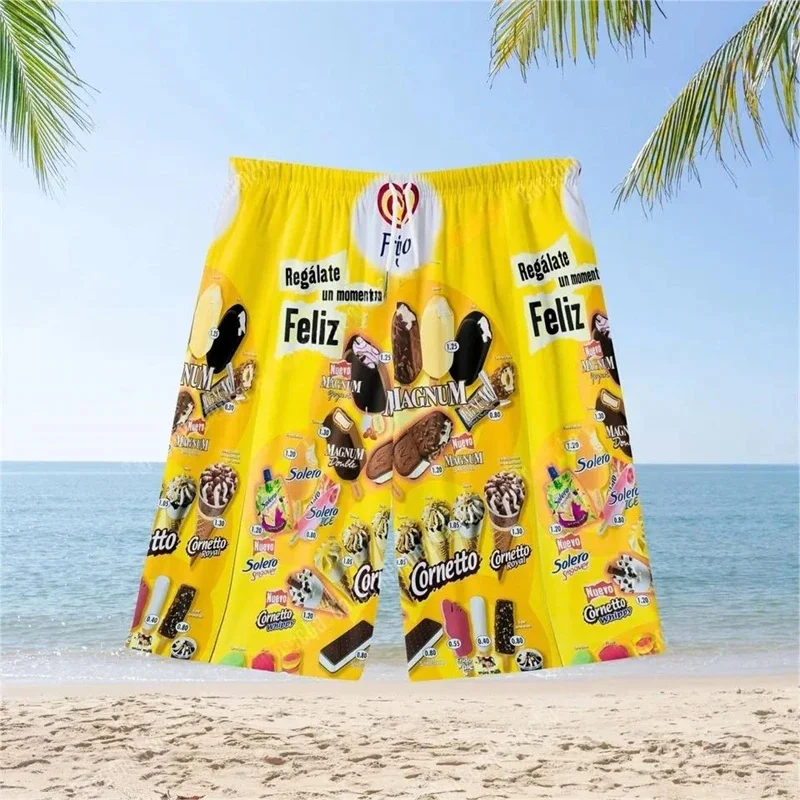 Celana pendek pantai motif kartun 3D pria, celana pendek pantai pola es loli musim panas olahraga, celana renang keren