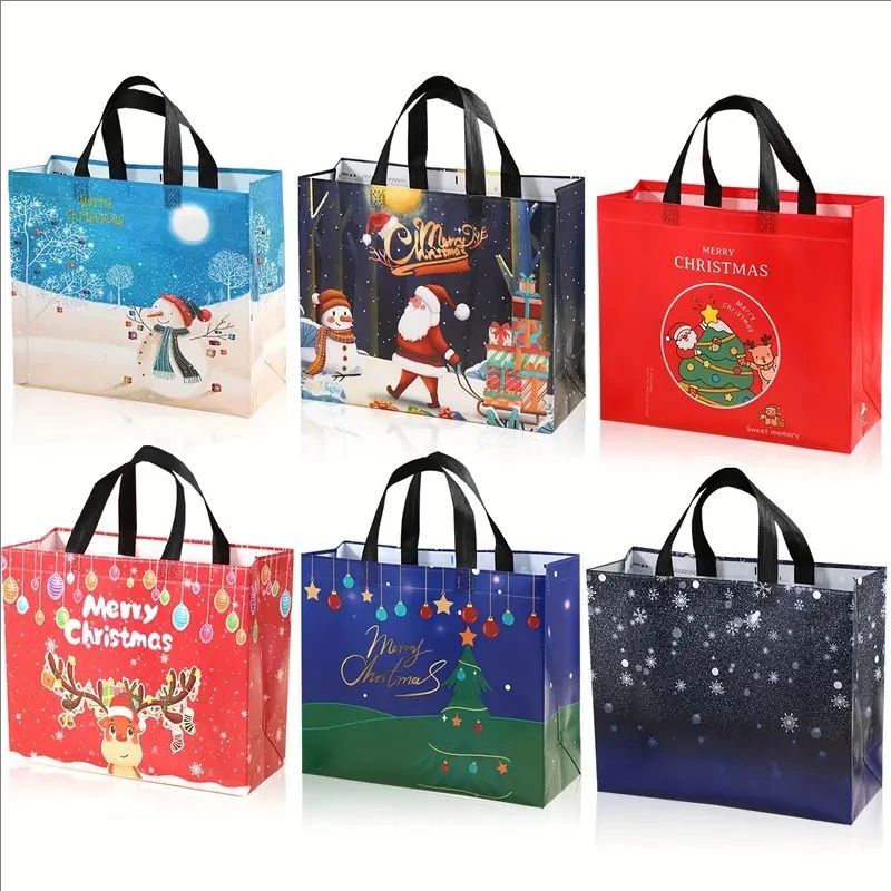 6 large capacity non-woven Christmas gift bags. Santa, elk, snowman, Christmas tree Christmas party goodie bag, Christmas deco