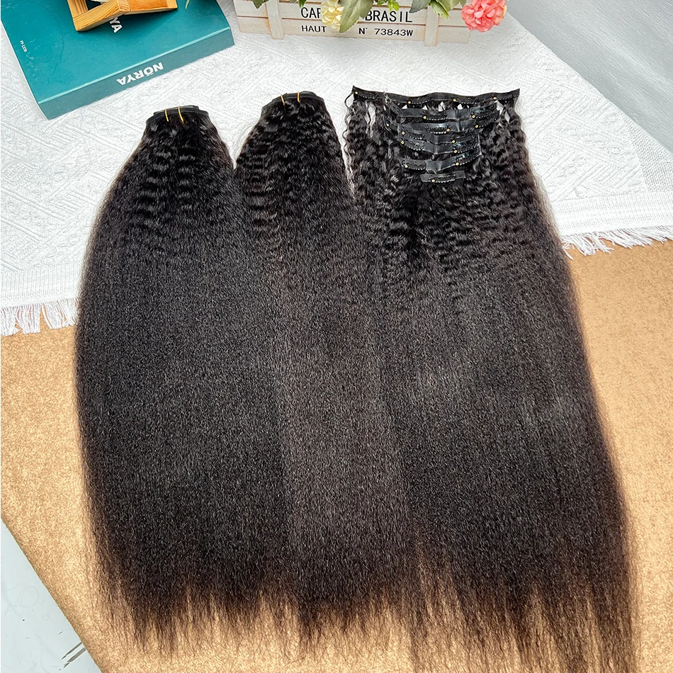 Kinky Straight Clip Ins Extensions Human Hair #1B Natural Black Color 100grams/Set 7pcs Seamless PU Weft 100% Virgin Human Hair
