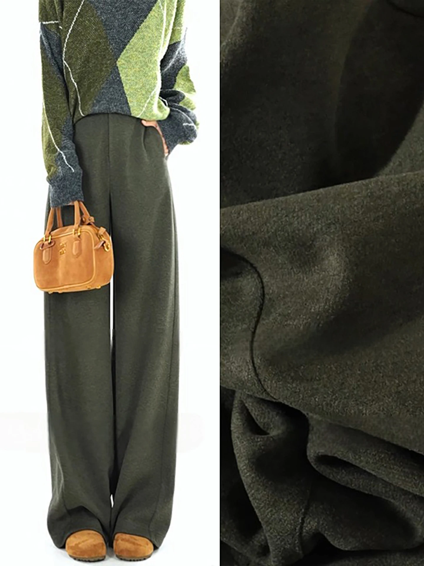 

Брюки с высокой талией, широкими штанинами и прямым кроем из ацетатной шерсти, плотные, повседневные, для женщин, осень-зима, новый стиль