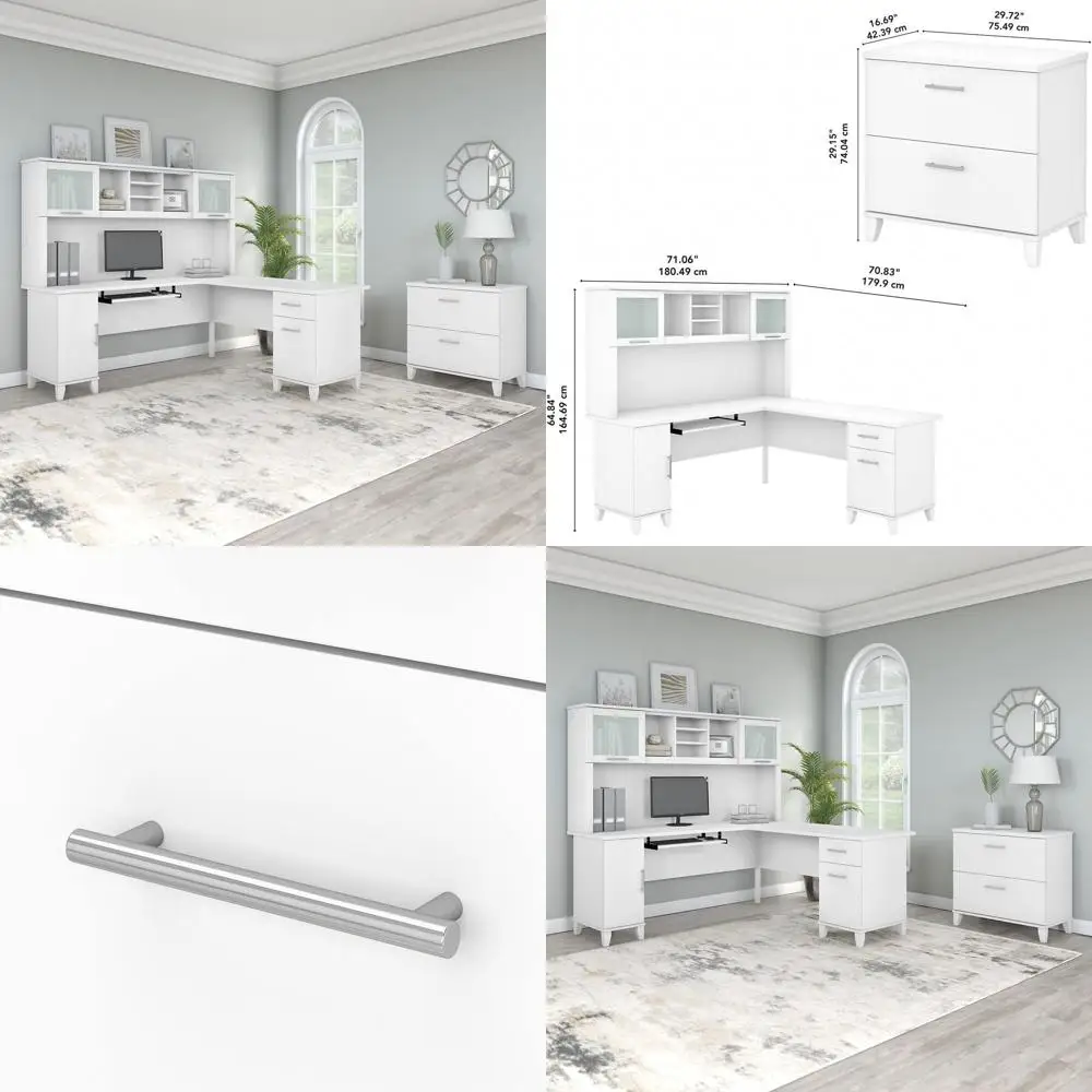 

72 White L-Shaped Desk with Hutch and File Cabinet - Somerset Style