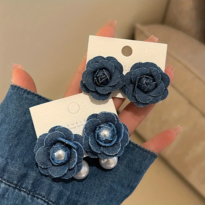 

Exquisite Workmanship Blue Denim Camellia Earrings with Gentle Temperament Spring Earrings